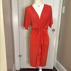 Catherine Malandrino Orange Ruched Plunge Midi Dress